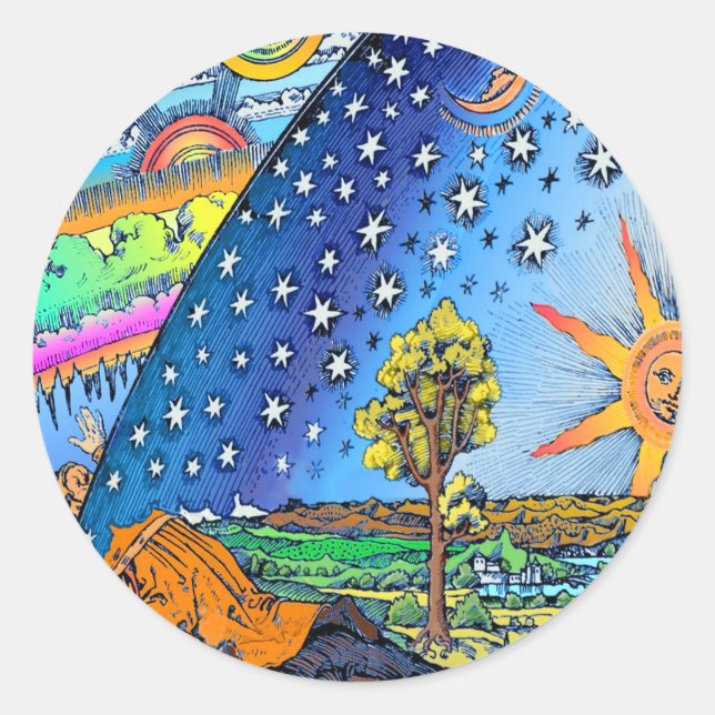 Flammarion Woodcut Flat Earth Design Square COLOR Runder Aufkleber (Vorderseite)