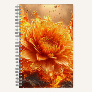 Flammen fliegen um eine Blume herum Notizbuch