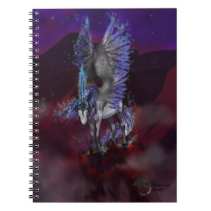 Flammen Winged blaues und weißes Einhorn-Notizbuch Notizblock