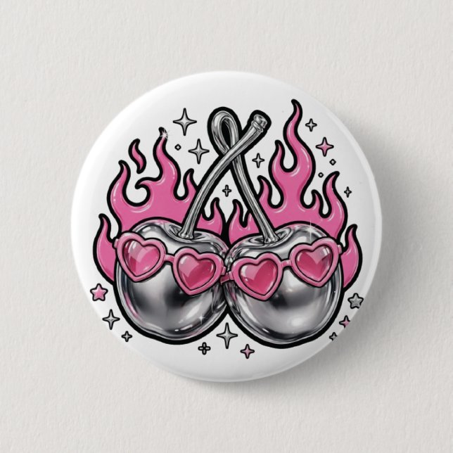Flammende Silberkirschen - Chrome-Kirsche in Flamm Button (Vorderseite)