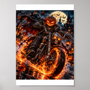 Flammender Kürbis-Biker – Halloween-Höllenfahrt-T- Poster