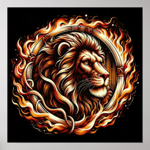Flammender Löwe im Ring aus Feuerflammen Astrologi Poster