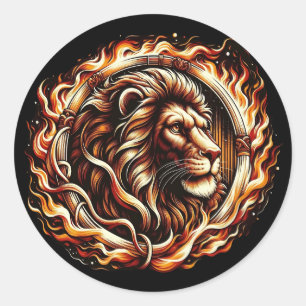 Flammender Löwe im Ring aus Feuerflammen Astrologi Runder Aufkleber