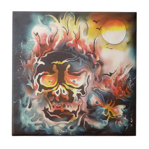 flammender Schädel abstrakte Kunst Fliese