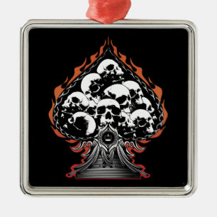 Flammender Schädel und Herzen Silbernes Ornament