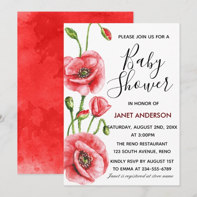 Flanders Poppy Watercolor Babydusche Einladung (Vorne/Hinten)