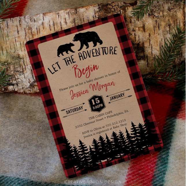 Flannel Adventure Bear Baby Shower Einladungen (Flannel Baby Shower Invite)