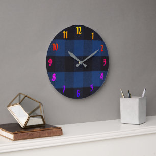 Flannel Buffalo Kariert Blue Lumberjack Textur 1 Große Wanduhr