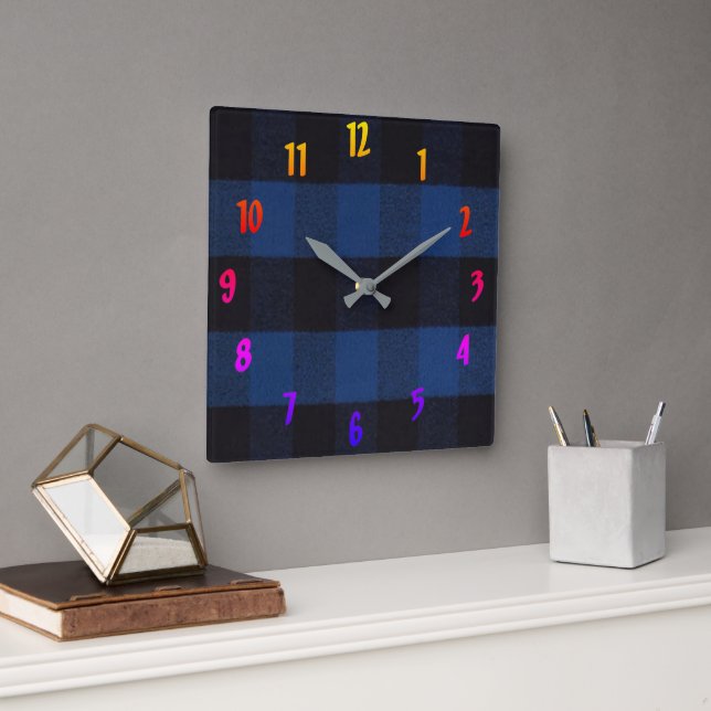 Flannel Buffalo Kariert Blue Lumberjack Textur Quadratische Wanduhr (Büro)