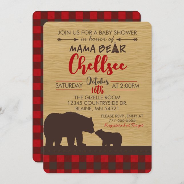 Flannel et Wood Mama Ours Bébé Douche Invitations (Devant / Derrière)