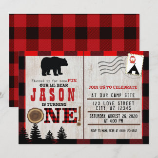 Flannel Little Bear Wild 1. Geburtstag Einladung