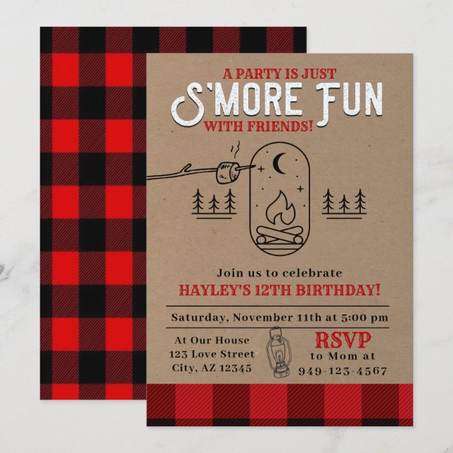 Flannel S'mores Party Buffalo Kariert Geburtstag Einladung (Vorne/Hinten)