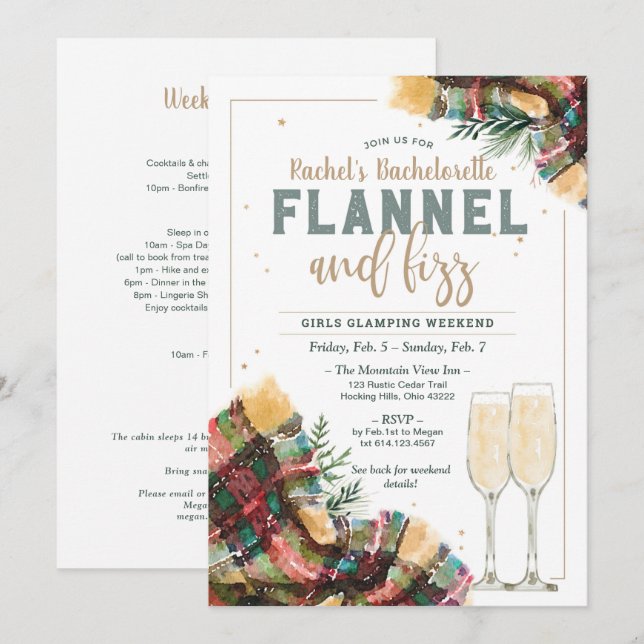 Flannel und Fizz Bachelorette Glamping Einladung (Vorne/Hinten)