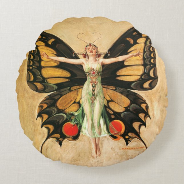 Flapper Butterfly Flying Frauan Illustration Rundes Kissen (Vorderseite)
