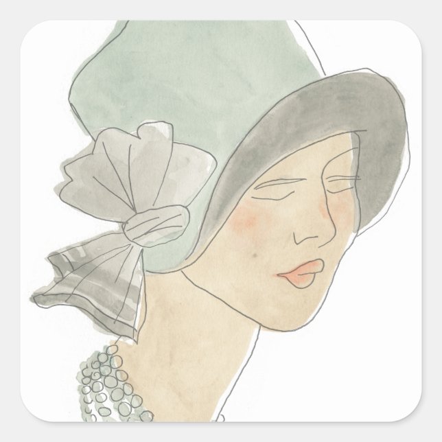 Flapper Fashion Sketch - Frau mit Hut Quadratischer Aufkleber (Vorderseite)