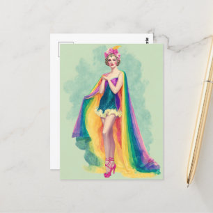 Flapper-Frau in einem Regenbogen-Kap Postkarte
