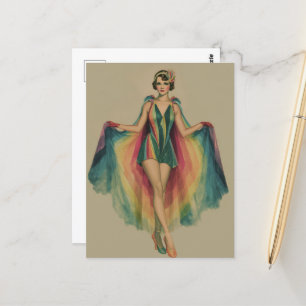 Flapper Frau in einem Regenbogenkappen und Kleid Postkarte