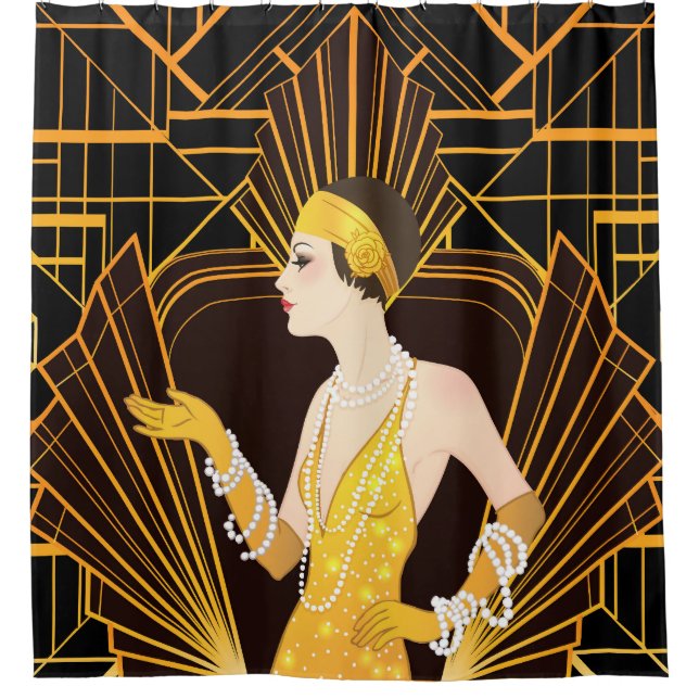 Flapper Girl: Retro-Party Einladung. Duschvorhang (Vorderseite)