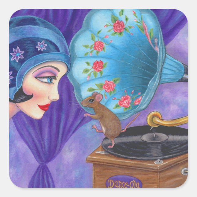 Flapper Girl Roaring 20ties Maus Gramophon Quadratischer Aufkleber (Vorderseite)