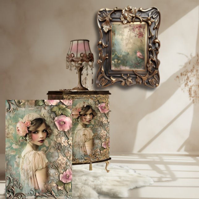 Flapper Girl Vintages Jugendstil Seidenpapier (Vintage Flapper Girl, Shabby Nouveau, Romantic Portrait Art & Ornamental Floral Furniture Decoupage )