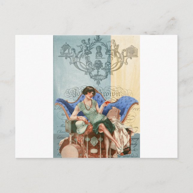 Flapper mit Koffern, Reise der 20er Jahre, Kunstsa Postkarte (Vorderseite)