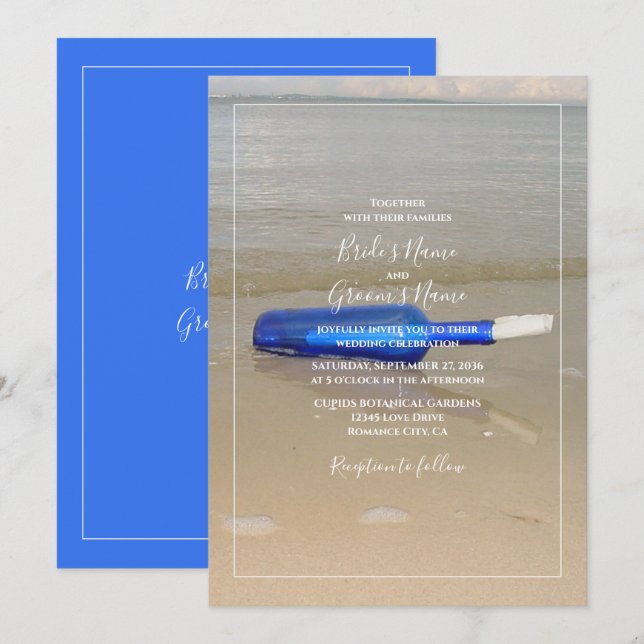 Flasche auf Strand Sand Hochzeit Einladung (Vorne/Hinten)