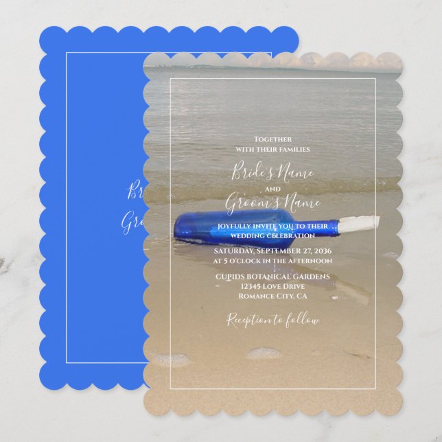 Flasche auf Strand Sand Hochzeit Einladung (Vorne/Hinten)