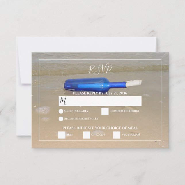 Flasche auf Strand Sand Hochzeit RSVP Karte (Vorderseite)