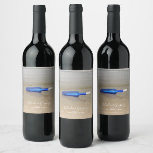 Flasche auf Strand Sand Hochzeit Weinetikett