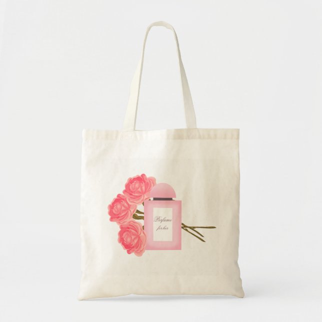 Flasche Parfüm und Bouquet von Rose Tragetasche (Vorne)