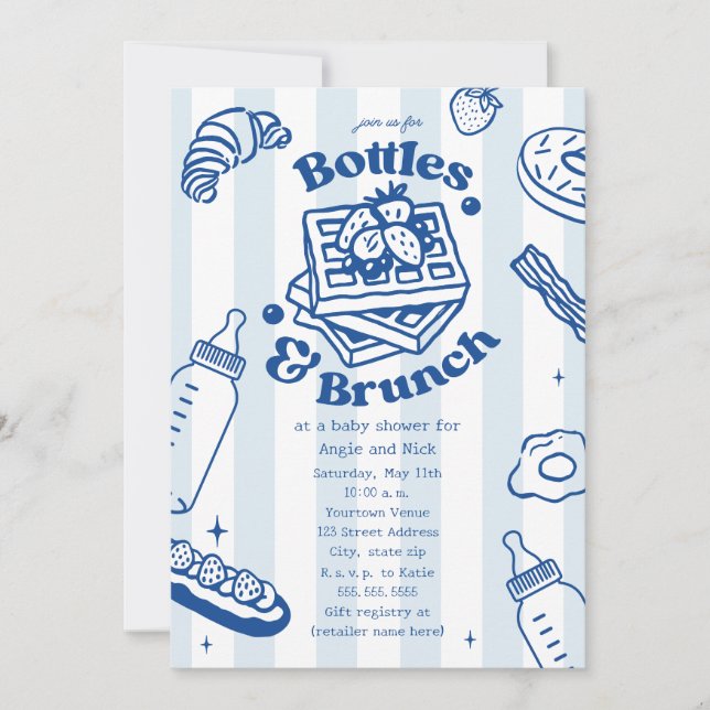 Flaschen & Brunch Doodle Blue Boy Baby Dusche Einladung (Vorderseite)