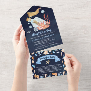 Flaschennachricht Nautisch Navy Blau Baby Shower All In One Einladung