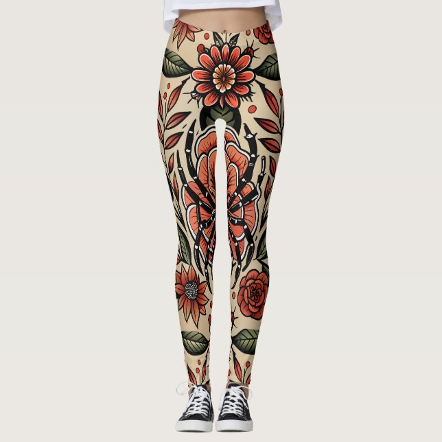 Flash Tattoo Spider Floral Custom Muster Leggings (Vorderseite)