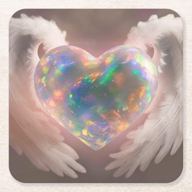 *~* Flashy Opal Heart Angel Wings AP78 Rechteckiger Pappuntersetzer (Vorderseite)