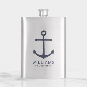Flasque Ancre Bleue marine Nautique Groomsmen personnalisé
