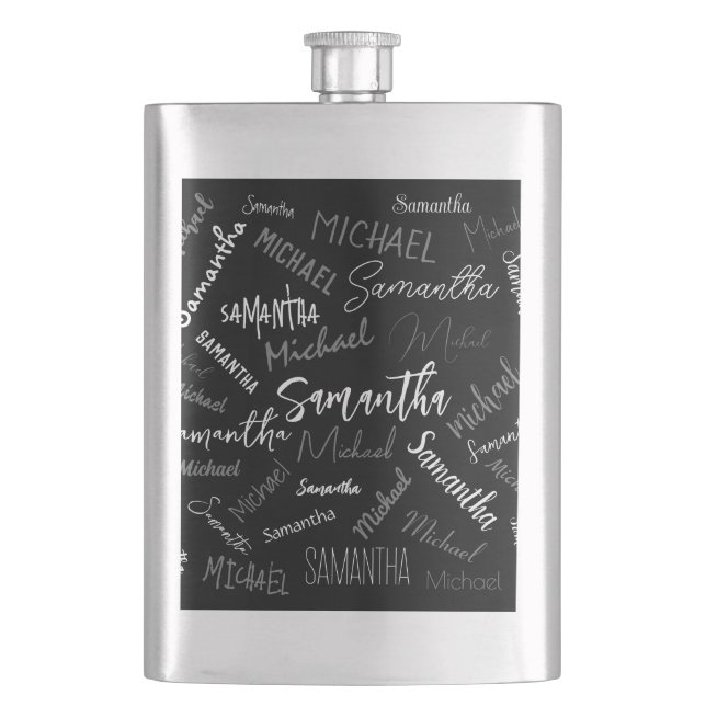 Flasque Deux noms couple motif monogramme noir gris blanc (devant)
