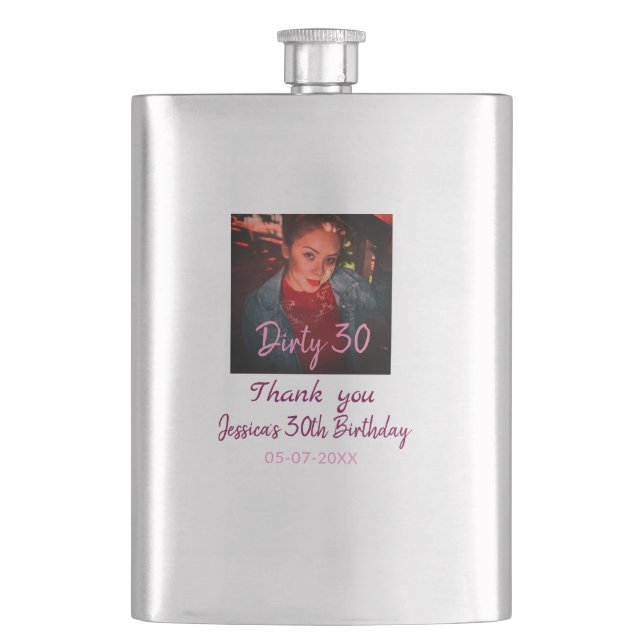 Flasque Dirty 30 Anniversaire ajouter nom rose ajouter dat (devant)