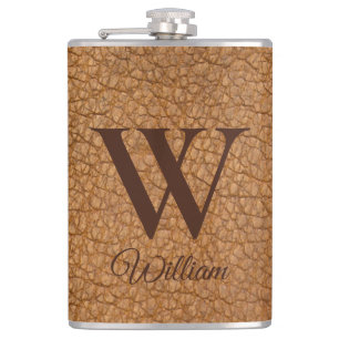 Flasque en faux cuir marron avec monogramme élégan