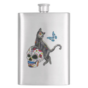 Flasque Jour De La Morte Chat Crâne Sucre Et Papillon