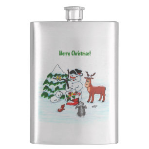 Flasque Joyeux Noël ! Bonhomme de neige avec des amis