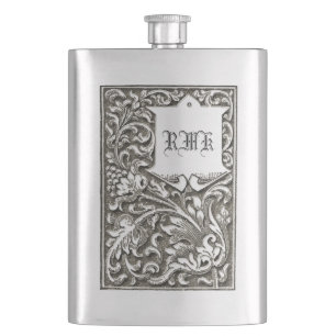Flasque Le cru gravé fleuri met en rouleau le monogramme