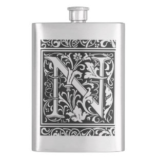 Flasque Lettre N Monogramme médiéval Art Nouveau
