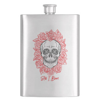 Flasque Memento Mori ! Crâne et Roses, main tirée