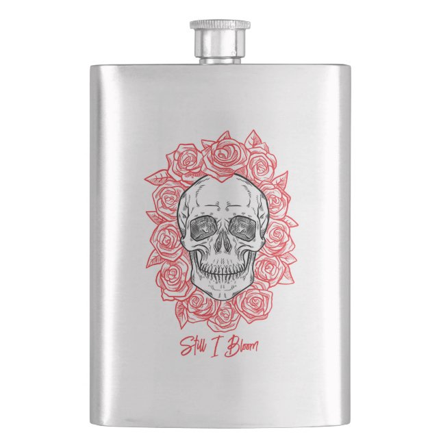 Flasque Memento Mori ! Crâne et Roses, main tirée (devant)