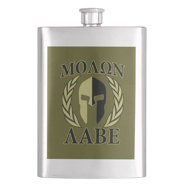 Flasque Molon Labe Casque spartiate Laurels Vert olive (devant)
