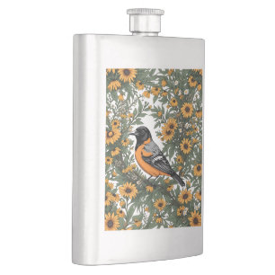 Flasque Oiseau Oriole de Baltimore et fleurs de Susan aux