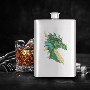 Flasque Portrait de tête de dragon vert émeraude Fantastiq