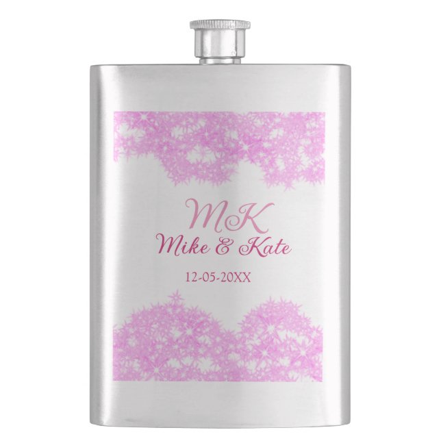 Flasque rose ajouter nom de couple date monogramme parties (devant)