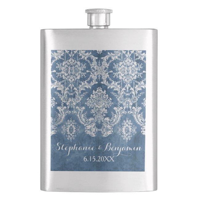 Flasque Sapphire Bleu Rustique Damas modèle Mariage (devant)