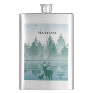 Flasque Stag Deer Pine Green Forest Paysage Personnalisé